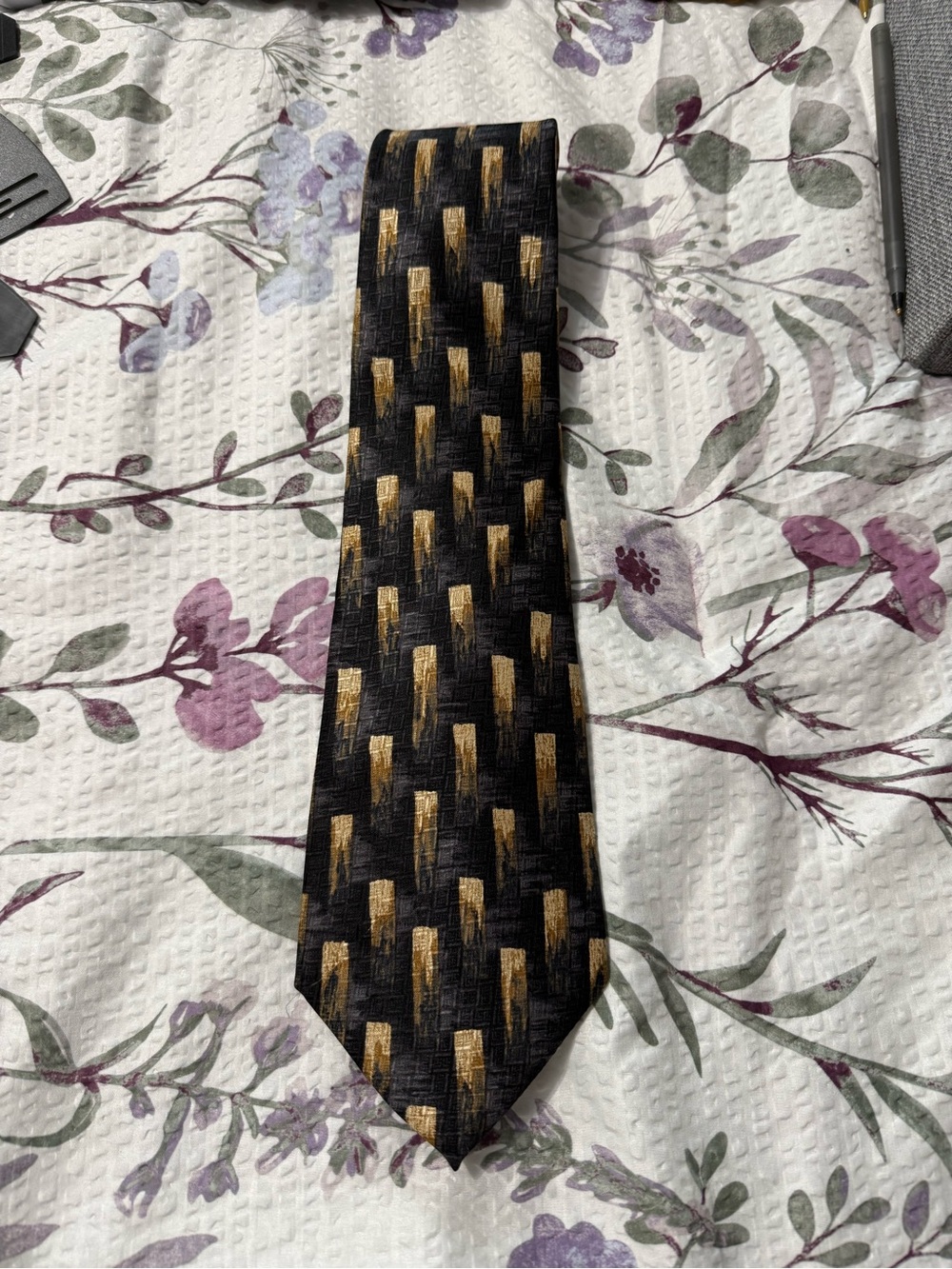 Pierre Cardin Black Tie with Gold Brushstroke Pattern